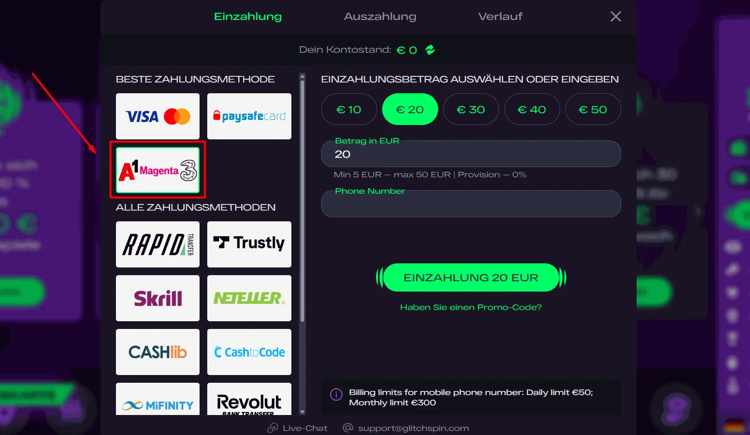 Magenta Einzahlung im Glitch Spin Casino